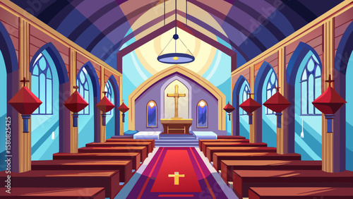 Vector art of a church interior with pews and a central cross