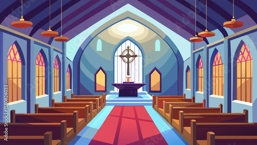 Vector art of inside a beautiful church with pews and a cross