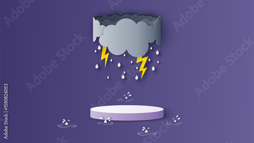 Circle stage podium for rainy season with water splash, clouds, rain drops, lightning and blank space. Rainy season podium mockup template. paper cut and craft style. vector, illustration.
