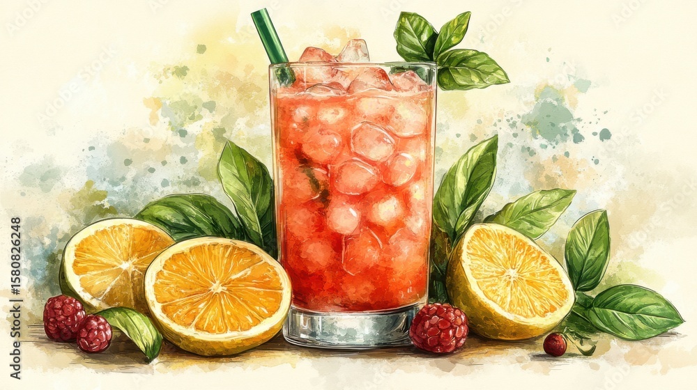 Fototapeta premium Illustration of Red Drink, Orange Halves, Raspberries, and Leaves