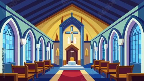 Vector art of inside a gothic church with pews and an altar