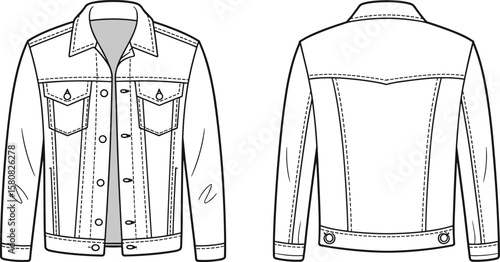 CAD drawing, flat vector illustration, denim jacket design, front and back views, fashion template, clothing sketch, technical garment, apparel blueprint