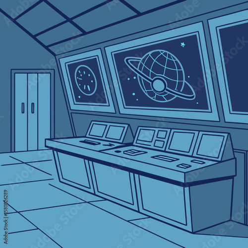 A futuristic command center glowing with NATO blue hues and satellite screens