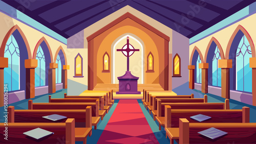 Vector art of a church interior with a prominent cross and seating