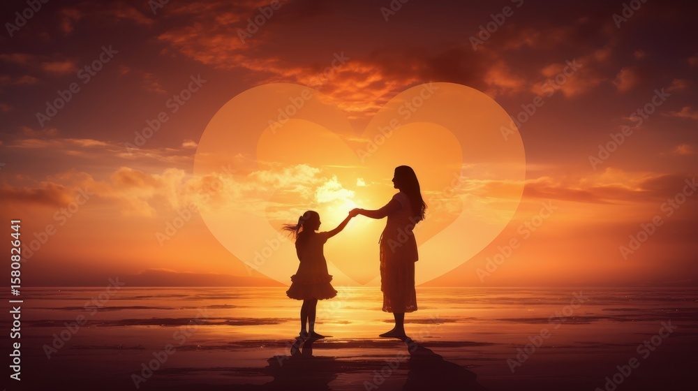 Fototapeta premium Silhouette of a mother and child forming a heart shape with their hands against a sunset soft pastel sky cinematic composition