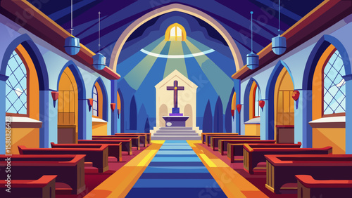 Vector art of sunlight streams into a church sanctuary with pews