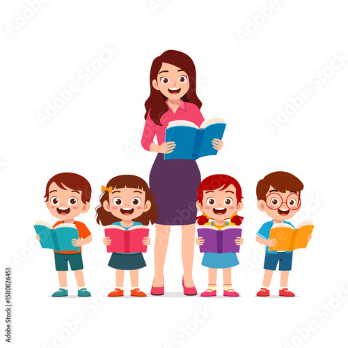 Happy Teacher Reading Book with Diverse Students in Classroom, Cartoon Style Illustration