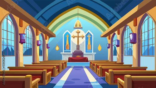 Vector art of an empty church interior with rows of wooden pews