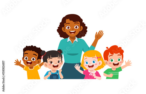 African teacher with happy children waving in classroom cartoon illustration