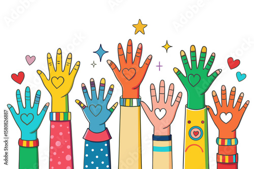 Colorful Cartoon Hands Raised in Unity – Diversity, Volunteering, and Support Illustration
