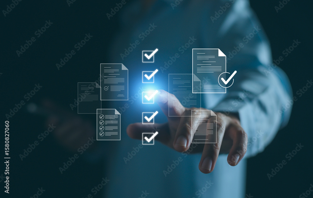 © AKACHA - Checklist business performance monitoring concept, Businessman doing online survey filling out check digital form task, online survey question form, target marketing planning with quality control.