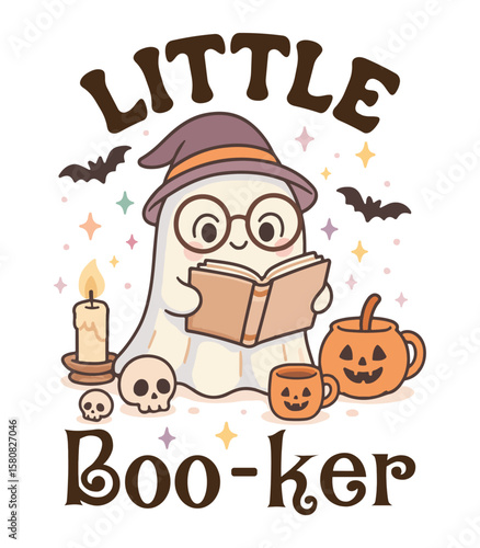 Little Boo Ker  - Spooky Season T-shirt Vector, Funny Halloween Illustration, Cute Ghost Clipart, Halloween Ghoul Design, Humor Sayings
