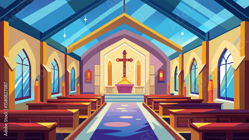 Vector art of a bright church interior with a prominent cross