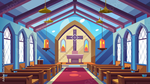 Vector art of a church sanctuary with wooden pews and hanging lamps