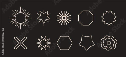 Brutalist abstract geometric shapes and grids. Brutal contemporary figure star oval spiral flower and other primitive elements.