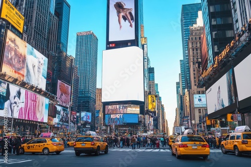 Billboard mockup on New York City Times Square street, massive white screen and clean empty space for design overlay, urban night life and neon building lights
