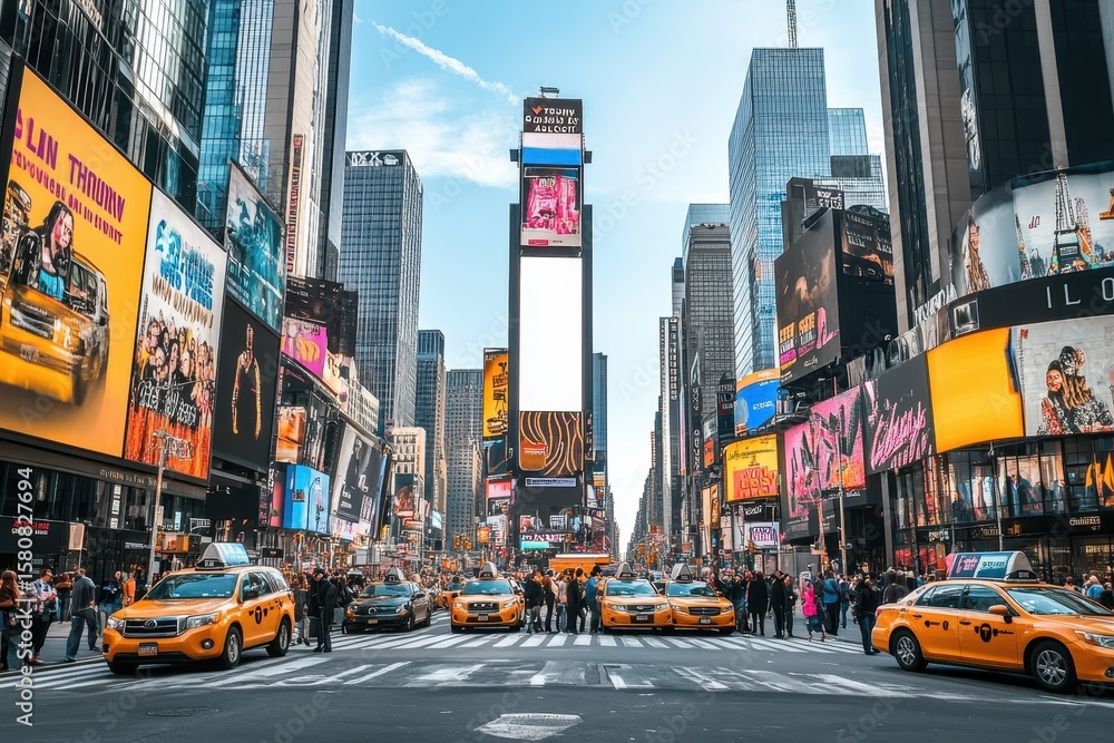 Times Square billboard mockup with white screen on NYC street, blank outdoor advertising board mounted on tower, glowing urban lights and architectural background Times Square billboard mockup with white screen on NYC street, blank outdoor advertising board mounted on tower, glowing urban lights and architectural background