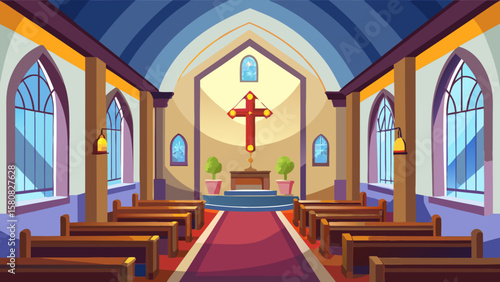 Vector art of a serene church interior with wooden pews and a central cross