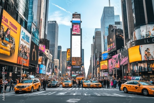 Times Square billboard mockup with white screen on NYC street, blank outdoor advertising board mounted on tower, glowing urban lights and architectural background