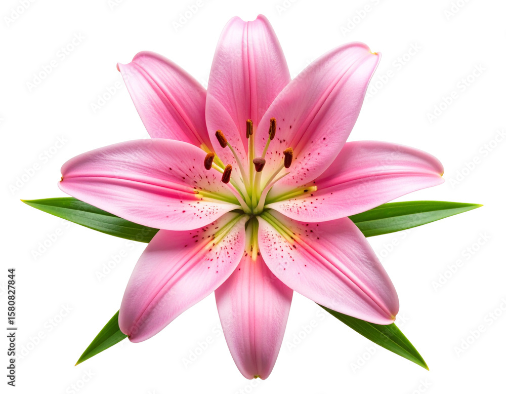 Naklejka premium Top-Down View of Pink Lily with Detached Stem, Artistic Floral Layout, Isolated PNG