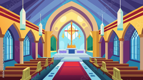 Vector art of church interior with pews, altar, and chandeliers