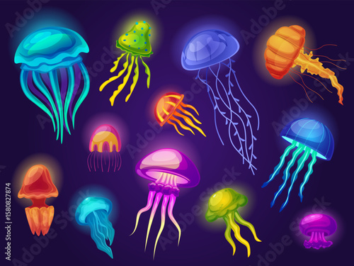 Glowing underwater jellyfish. Vibrant sea jellyfish, cartoon ocean creatures. Different water exotic animals jelly shapes with light effect, nowaday vector set