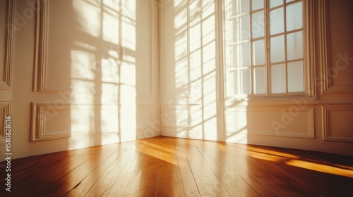 Sunlit Corner Room  Shadows and Light Dance on Wooden Floor.