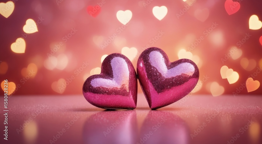 Obraz premium two cute hearts with bokeh lights in the background, a Valentine's Day concept.