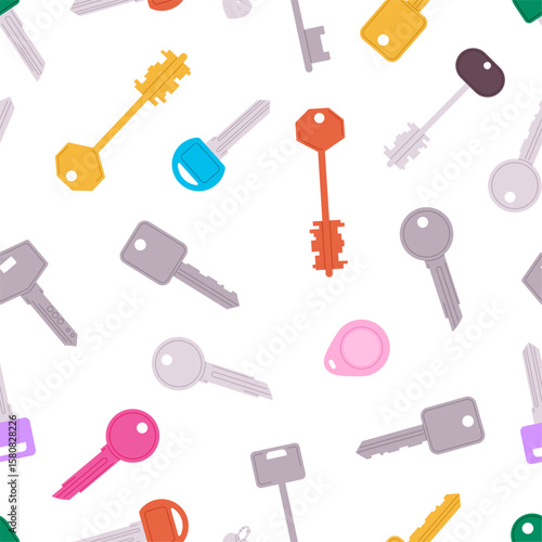 Keys seamless pattern. Different key, metal gold elements. Decorative print design for fabric, wallpaper, wrapping. Master keys vector background