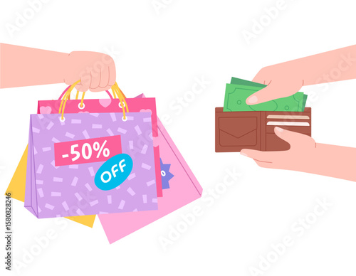 Shopaholism concept. Human hand holding different paper shop bags from sale. Buyer and seller concept, sale and discount time, vector background