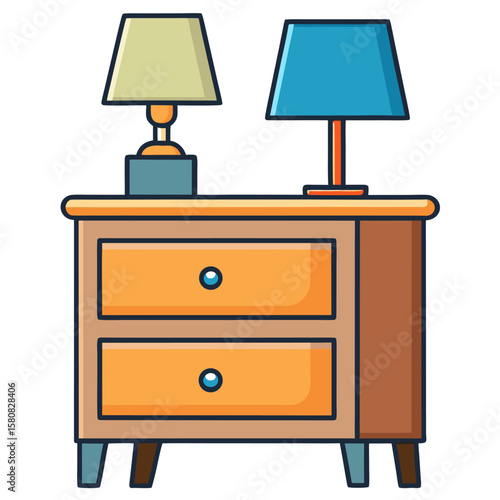 Modern nightstand with a drawer and a table lamp isolated on white background