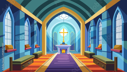 Vector art of inside a church with blue stained glass windows and pews