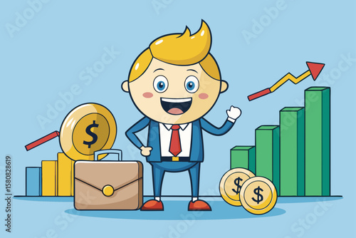 Happy Cartoon Businessman with Growing Profit Chart – Financial Success and Investment Illustration
