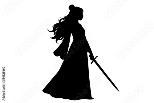 Silhouette of a woman warrior with sword, black color isolated on white background