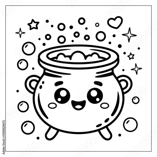 A cute and kawaii Halloween coloring page illustration of a cauldron with a happy face, child-safe
