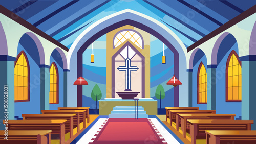 Vector art of inside a grand church with pews and a cross