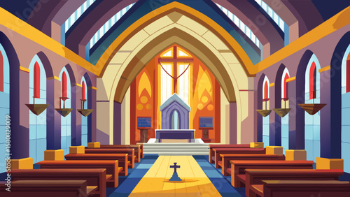 Vector art of a colorful church interior with ornate arches and pews