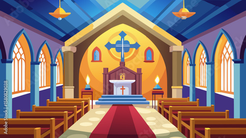Vector art of a vibrant church interior with a central altar and pews