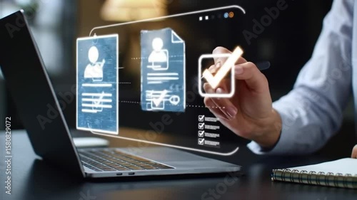 Digital HR Futuristic Recruitment Process with Holographic Interface on Laptop - Job Application Review