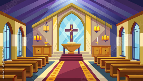 Vector art of elegant church interior with wooden pews and a central cross