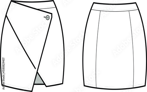 Stylish wrap skirt, pencil skirt design, fashion CAD drawing, sewing pattern, garment template, apparel vector illustration, skirt sketch, clothing design