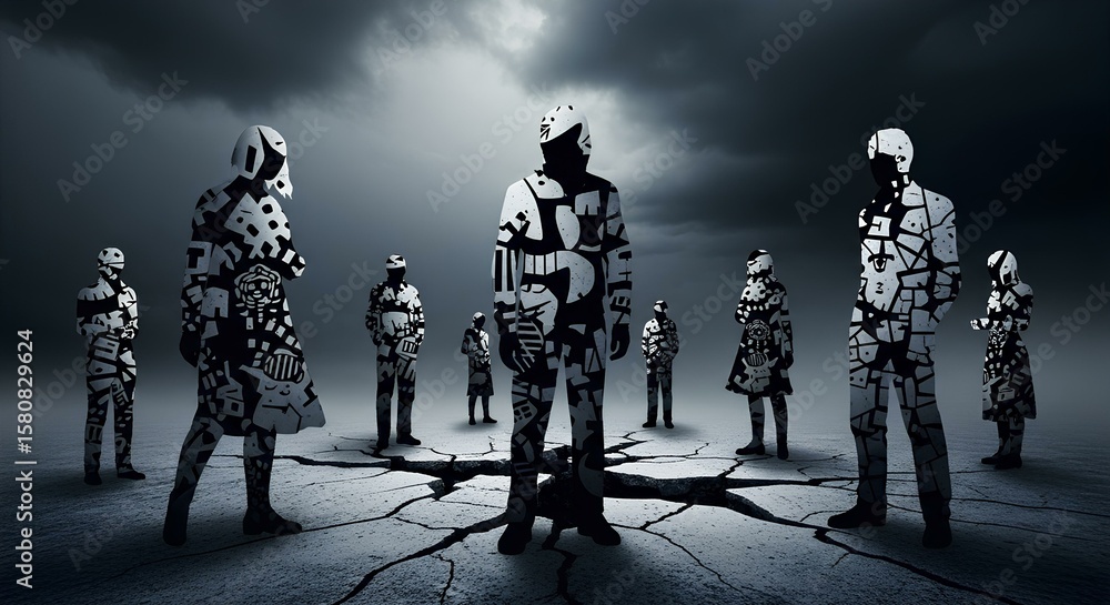 Fototapeta premium Fragmented people standing on cracked ground under a dark sky, abstract concept of brokenness