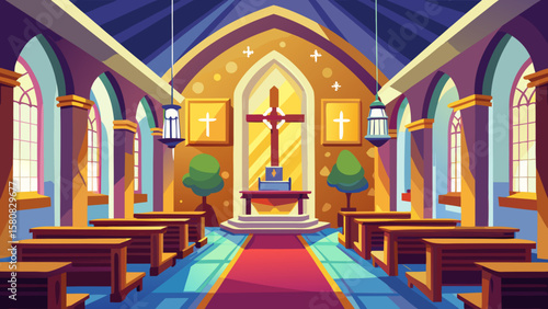 Vector art of church interior with wooden pews and a prominent cross