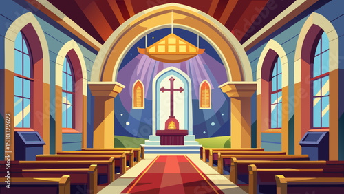 Vector art of a church sanctuary with pews, altar, and stained glass