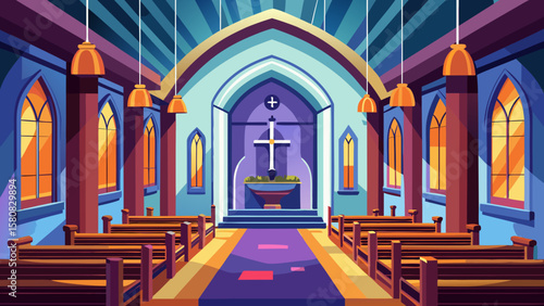 Vector art of inside a beautiful church with pews and an altar