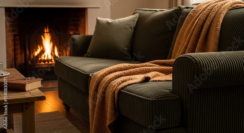 Cozy living room with blazing fireplace scene