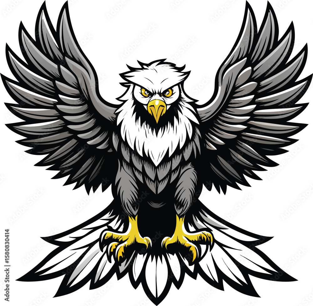 Fototapeta premium Cartoon illustration of a flying eagle with outstretched wings, a symbol of wild nature and freedom