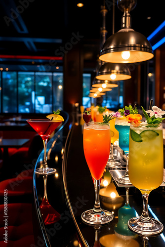A festive Christmas celebration at a bar with a sparkling cocktail glass on a candlelit table
