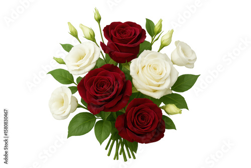 Beautiful bouquet of red and white roses with lisianthus and green leaves, isolated on transparent background