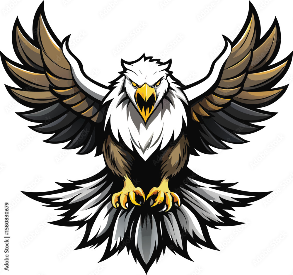 Fototapeta premium A vector cartoon illustration of a flying bald eagle mascot with outstretched wings and feathers, depicted as a head or a shield symbol